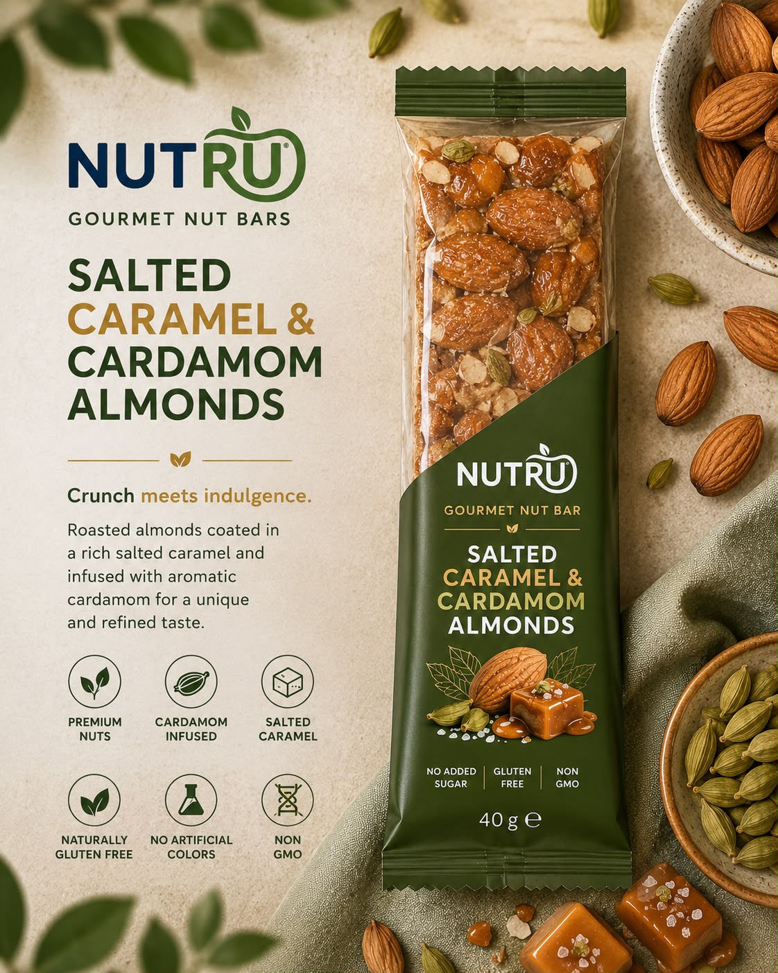 Salted Caramel & Cardamom Almonds Gourmet Nut Bar